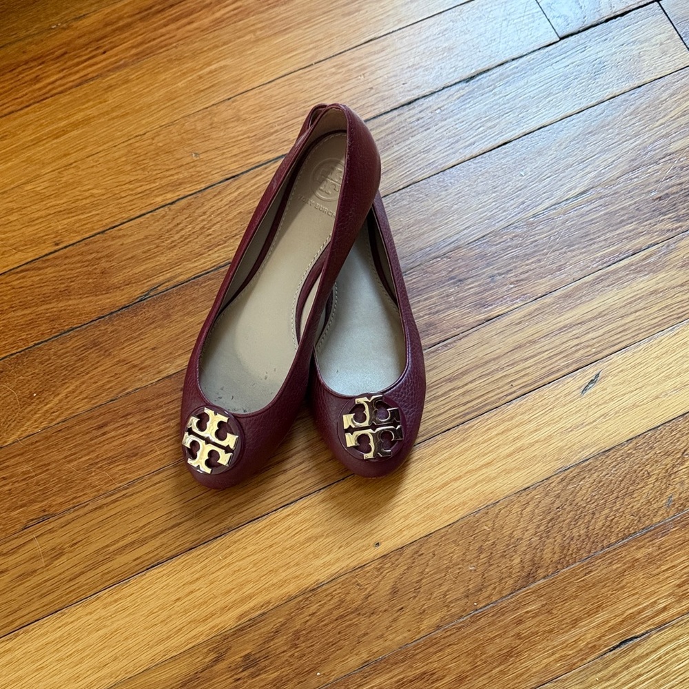 Tory Reva Burch Deep Red Flats with Gold Logo
